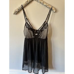 Victoria's Secret Very Sexy Lingerie Babydoll Black/Pink Sheer Pink Bow Sz L NWT